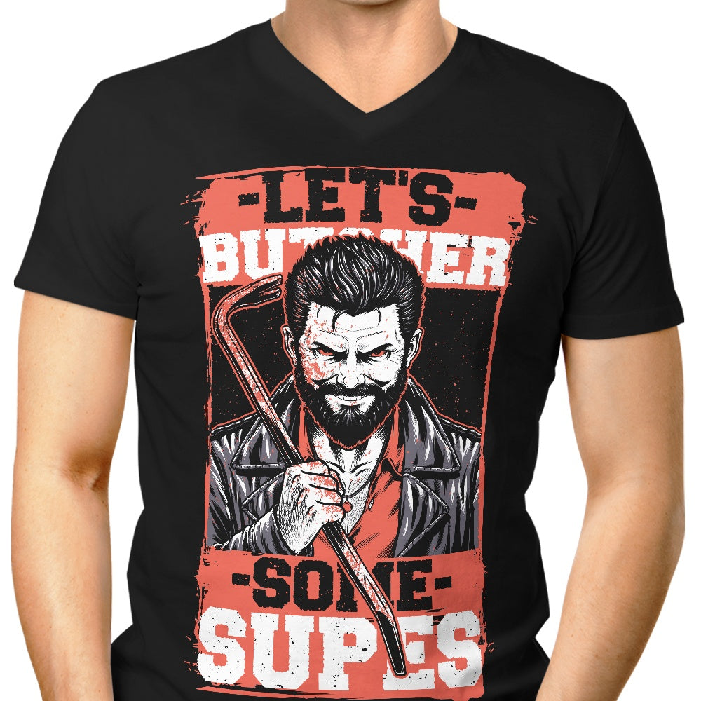 Men's V-Neck T-Shirt with the 'Butcher Some Supes' Design