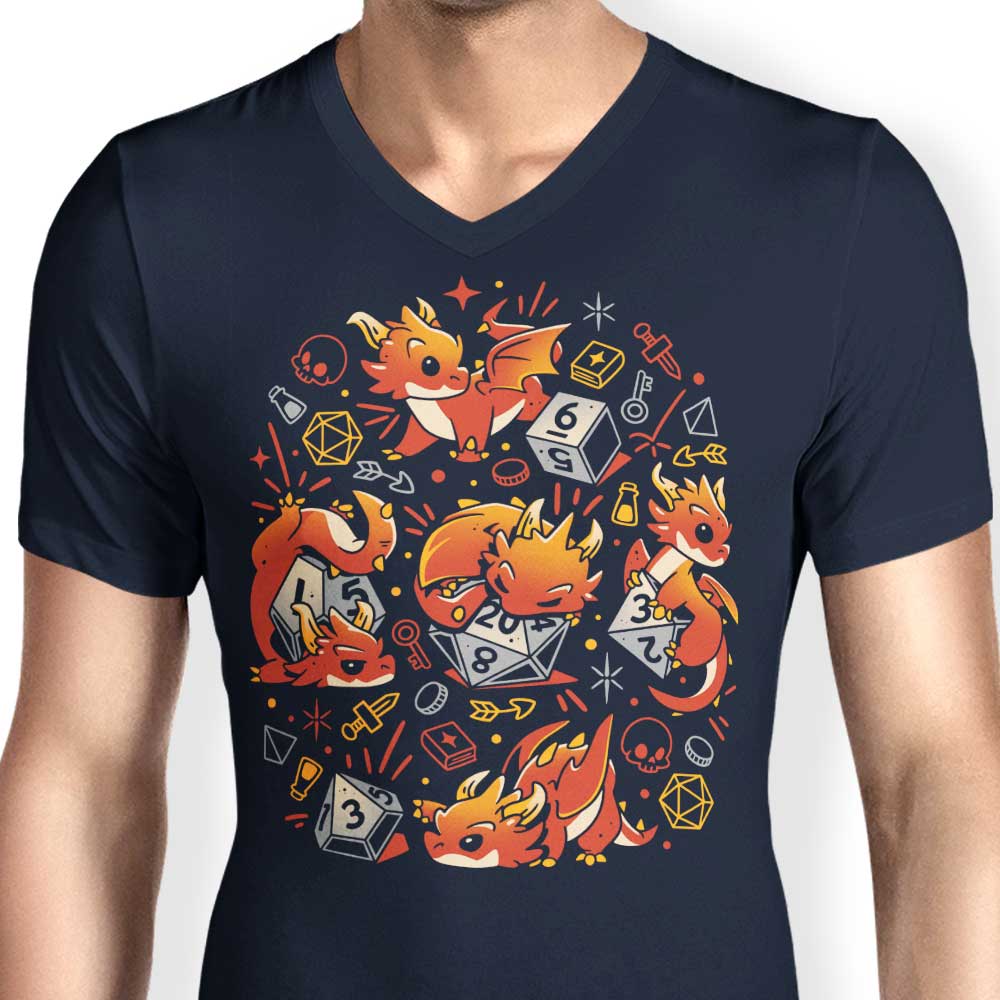 Men's V-Neck T-Shirt with Tiny Dragon Dice Design
