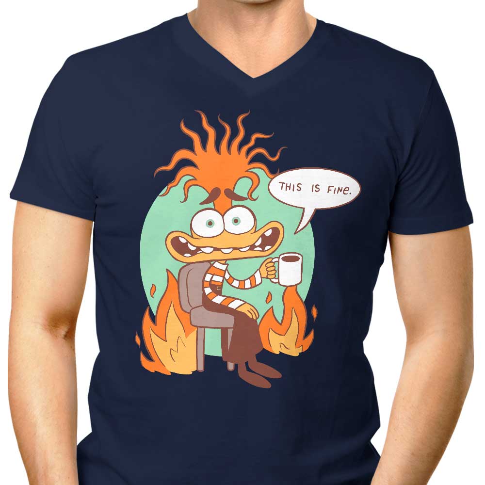Men's Comfortable V-Neck T-Shirt with 'Anxiety is Fine' Design by Paula Garcia