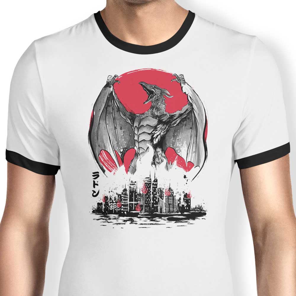 Pteranodan Rising Sumi-e Men's Ringer Style Cotton T-Shirt by Dr. Monekers