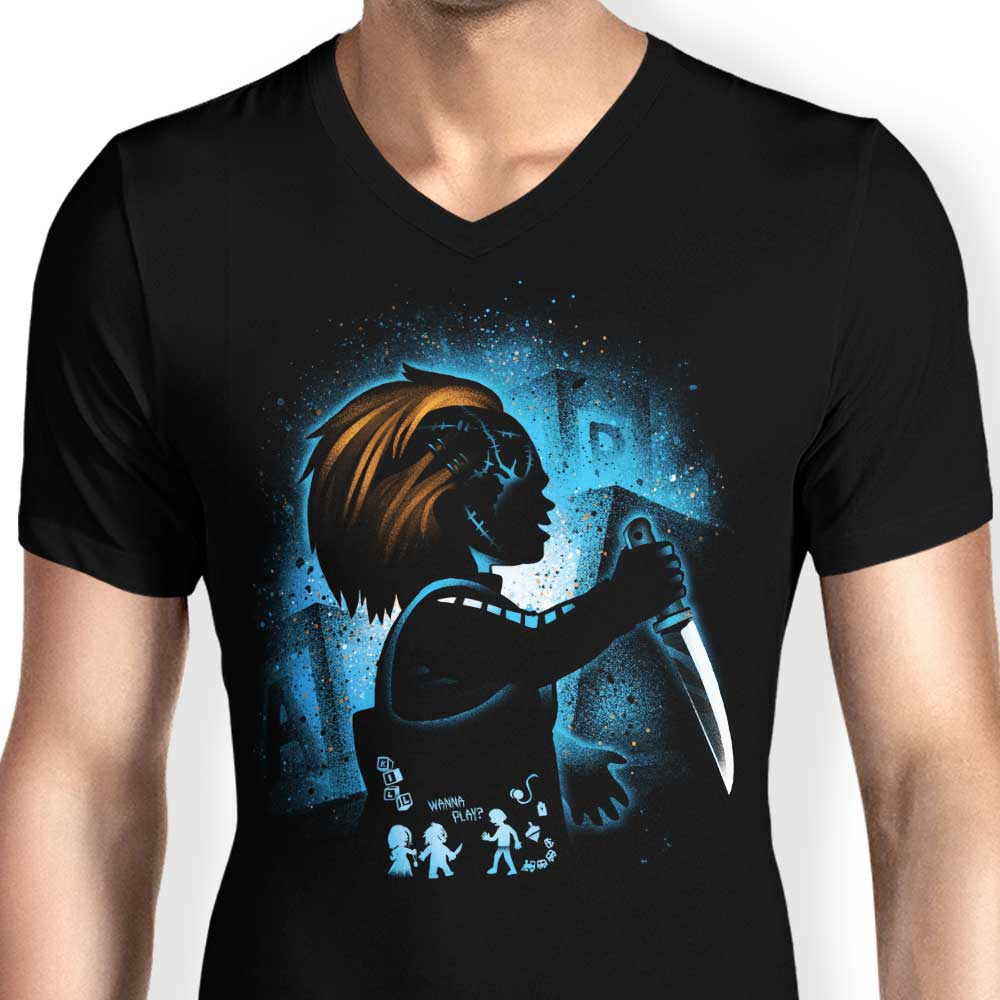 Men's Scary Doll Themed V-Neck T-Shirt
