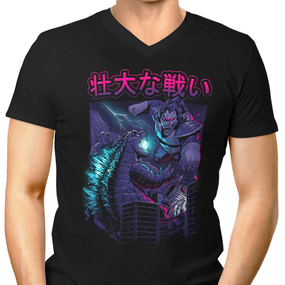 Epic Kaiju Battle Themed Men's V-Neck T-Shirt