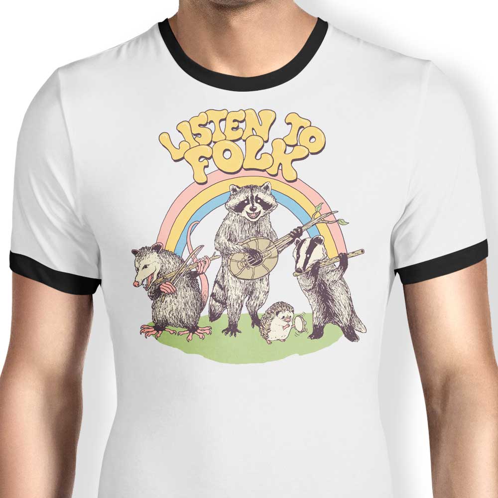 Stylish Hillary White's 'Listen to Folk' Men's Ringer T - Shirt