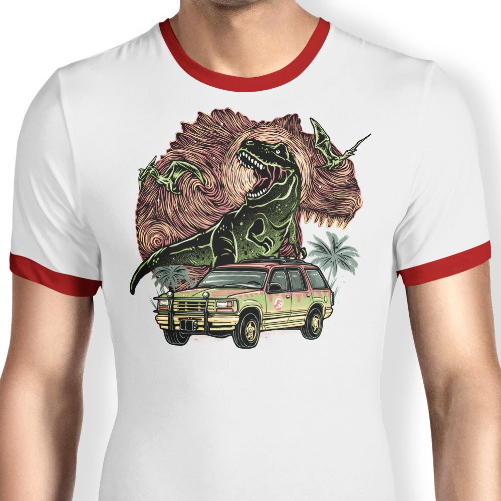 Adventurous Dino Expedition Ringer T - Shirt for Thrill - Seekers