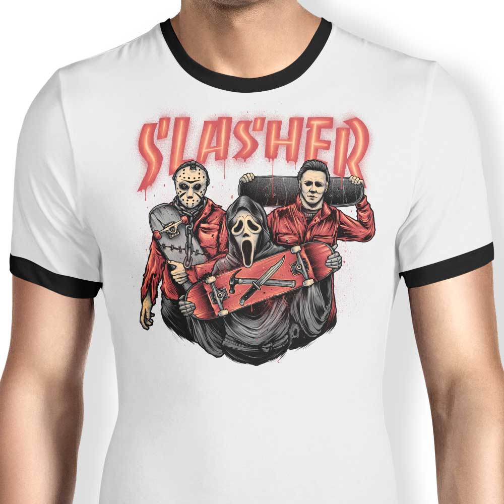 Glitchygorilla's Slasher Club Men's Ringer T-Shirt in S - 4XL Sizes