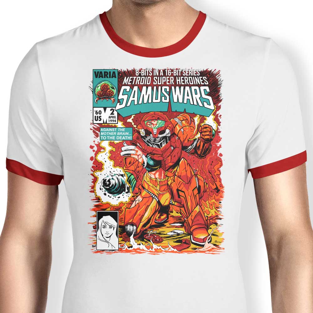 Samus Wars-themed Men's Ringer Style T-Shirt for Gaming Enthusiasts