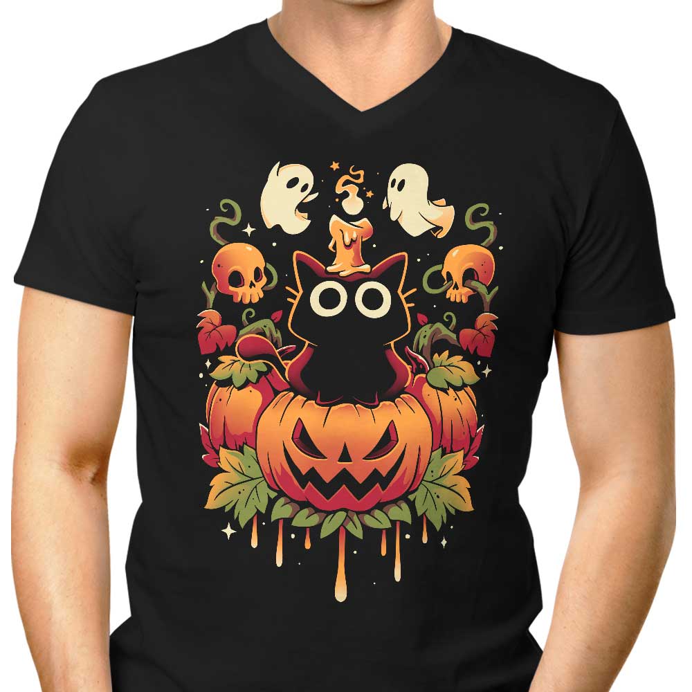 Men's V-Neck T-Shirt with Halloween Candle Trick Design