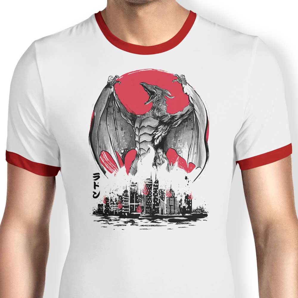 Pteranodan Rising Sumi-e Men's Ringer Style Cotton T-Shirt by Dr. Monekers