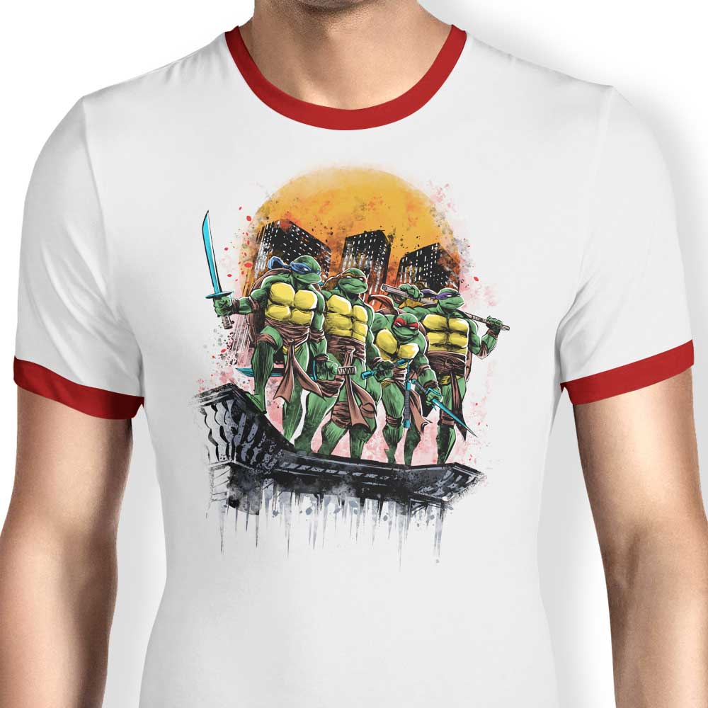 Stylish Ringer T-Shirt Featuring 'Turtles on the Roof' Design