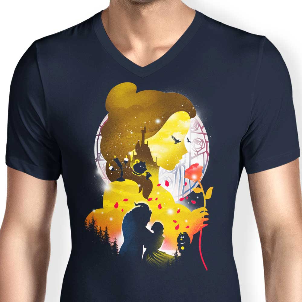 Men's V-Neck T-Shirt with Village Princess Silhouette Design
