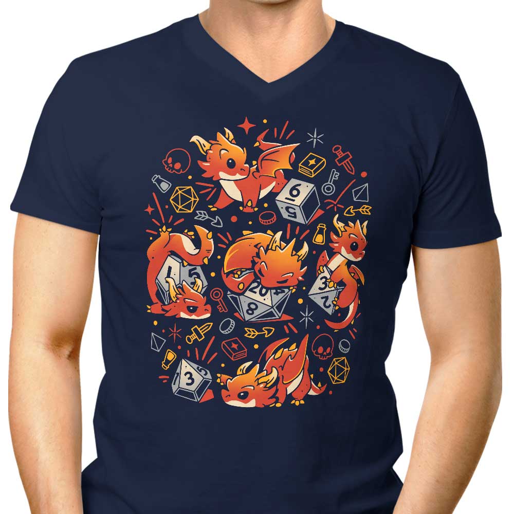 Men's V-Neck T-Shirt with Tiny Dragon Dice Design