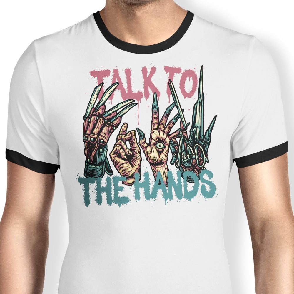 Glitchygorilla's Talk to the Hands Stylish Ringer T-Shirt for Trendy Wear