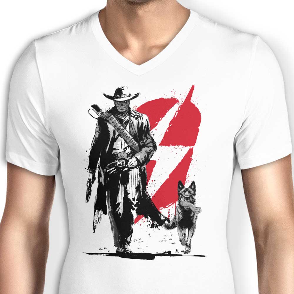 Men's V-Neck T-Shirt Featuring the 'Lone Ghoul and Cub' Design