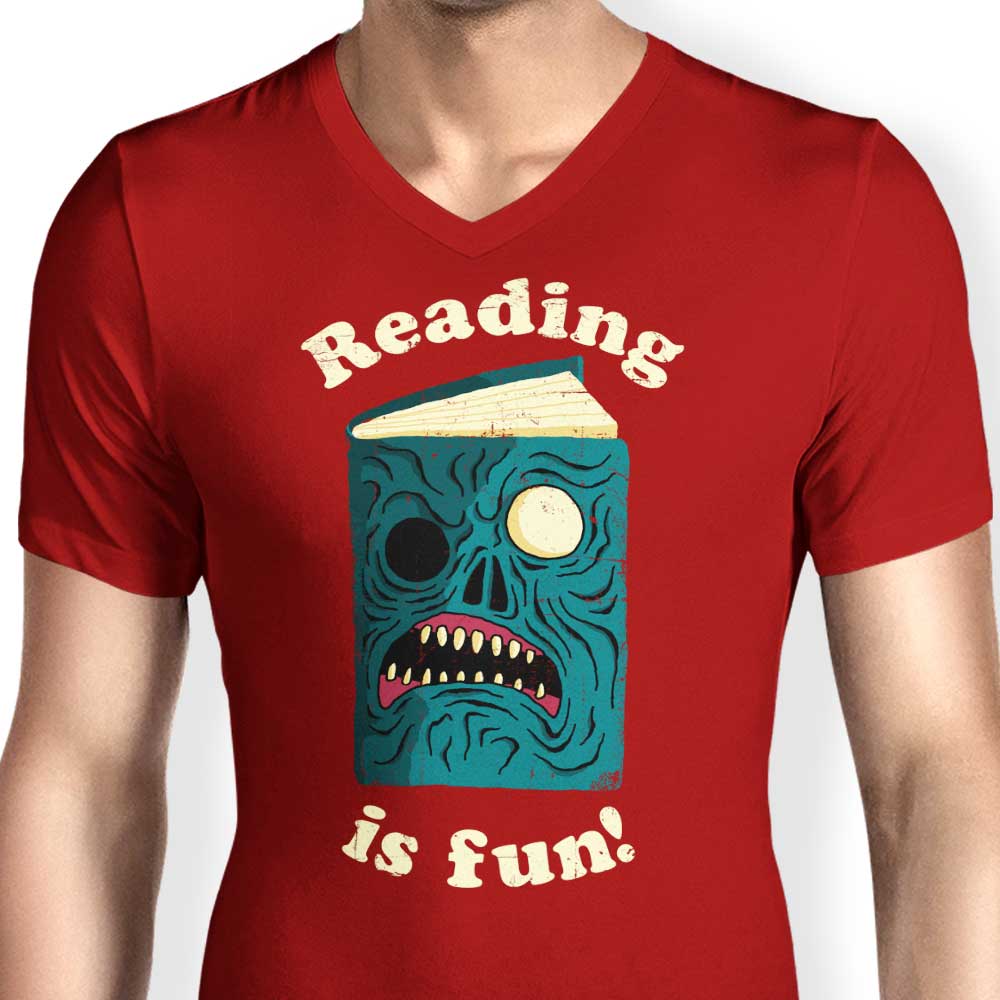 Men's Stylish V-Neck T-Shirt with 'Reading is Fun' Design