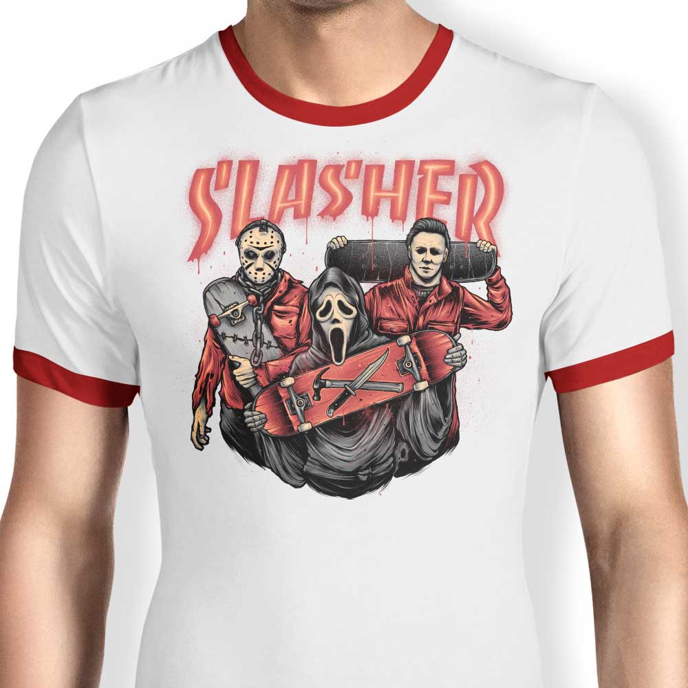 Glitchygorilla's Slasher Club Men's Ringer T-Shirt in S - 4XL Sizes