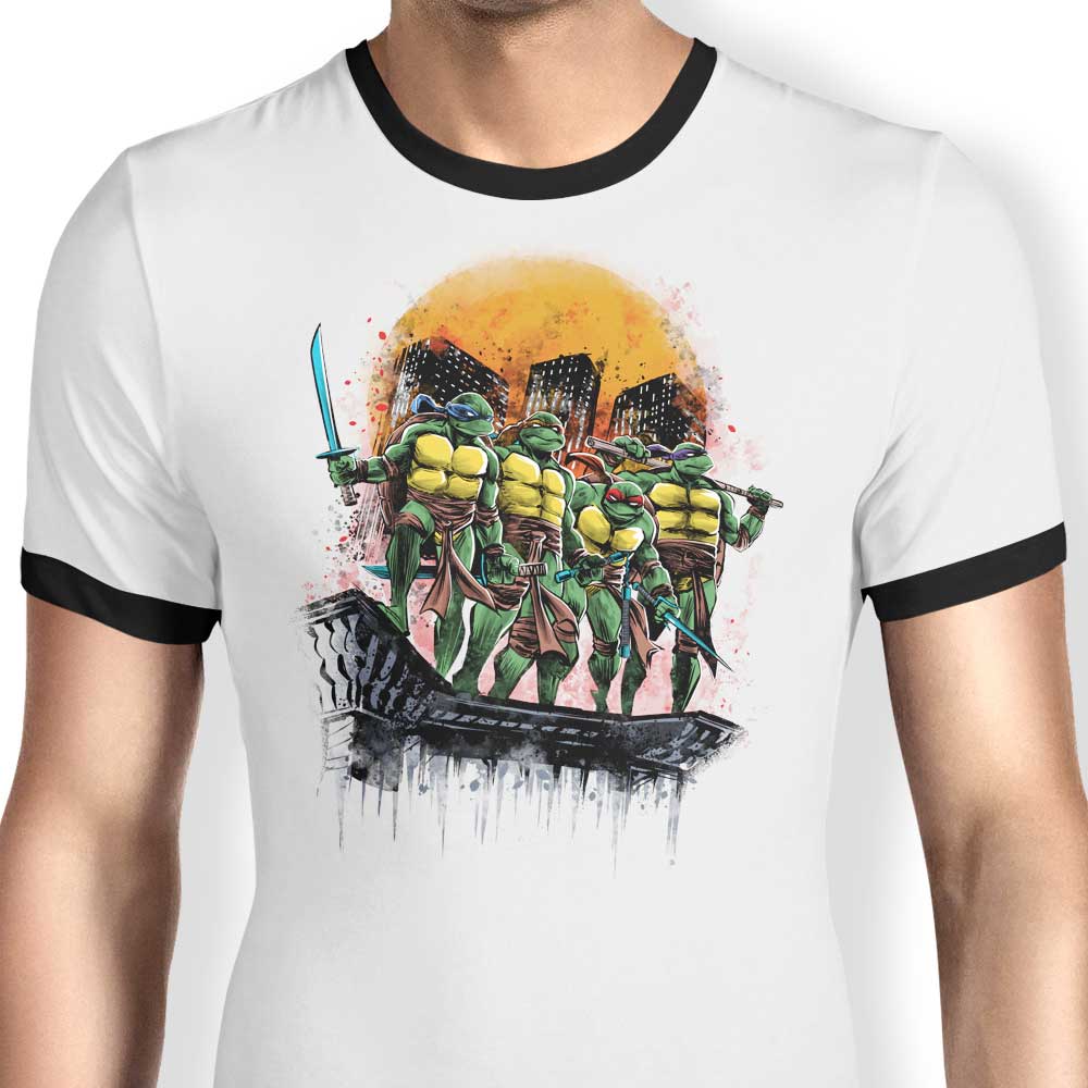 Stylish Ringer T-Shirt Featuring 'Turtles on the Roof' Design