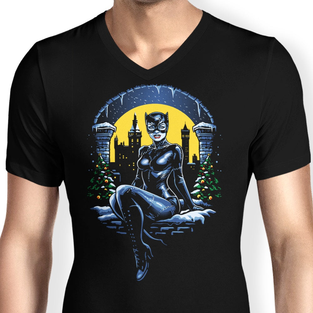 DAObiwan Men's Christmas-themed Kitty Print V-Neck T-shirt