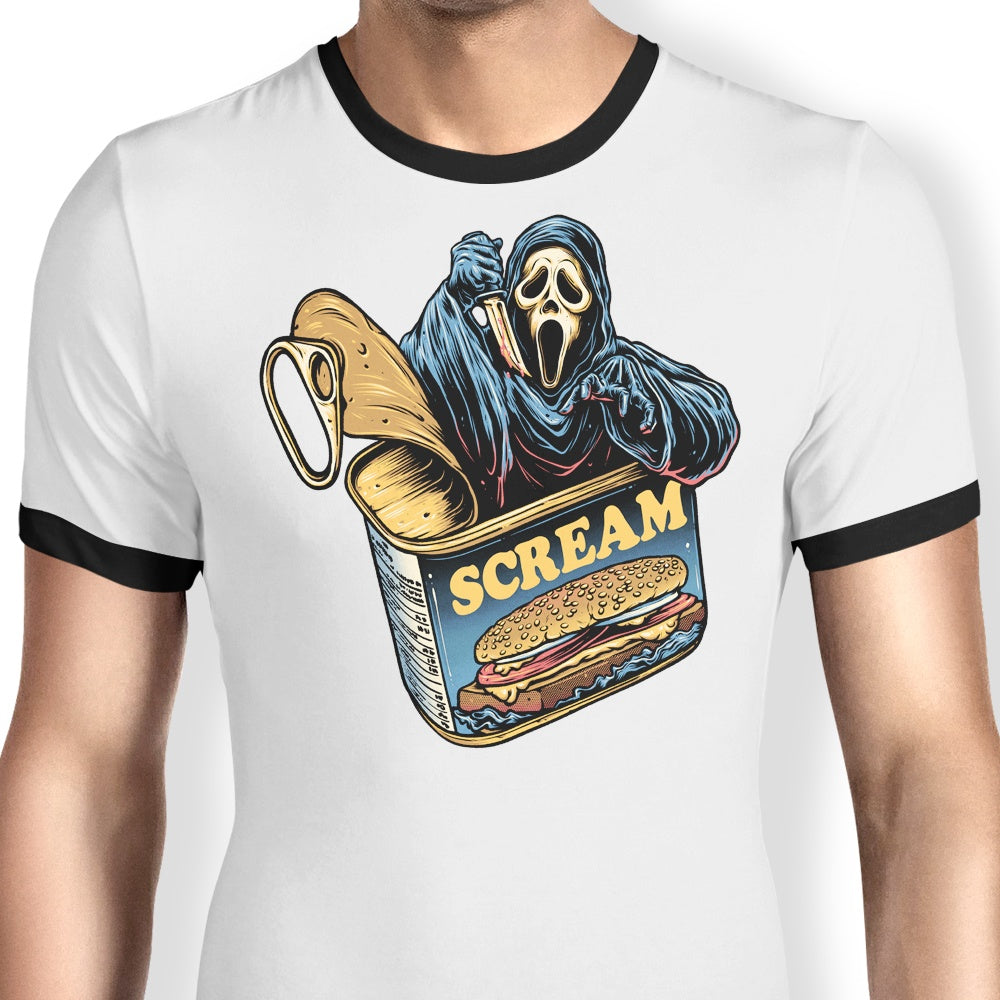 Glitchygorilla Brand Canned Ghost-themed Ringer Style T-Shirt