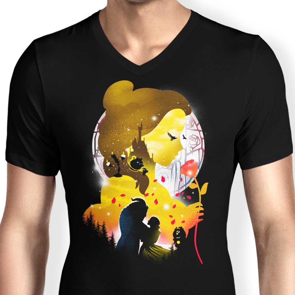 Men's V-Neck T-Shirt with Village Princess Silhouette Design