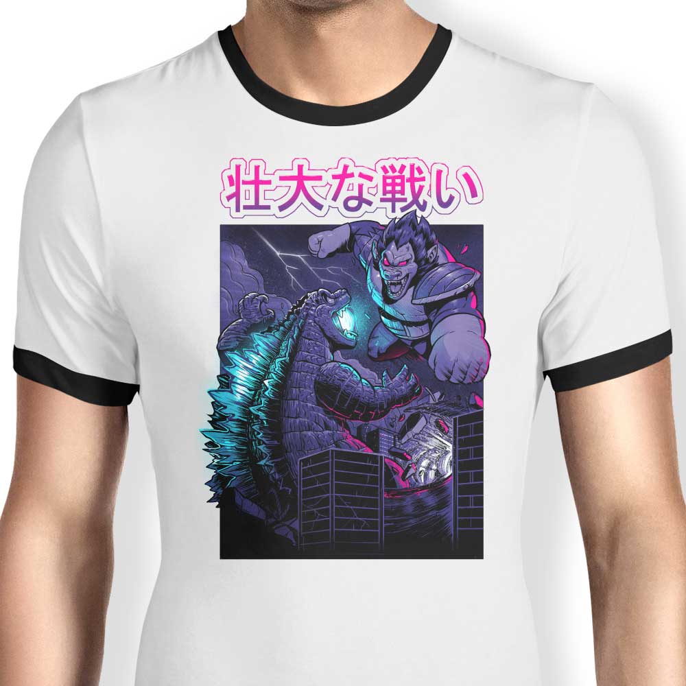 Epic Kaiju Battle-themed Ringer T-Shirt for Fashion Lovers