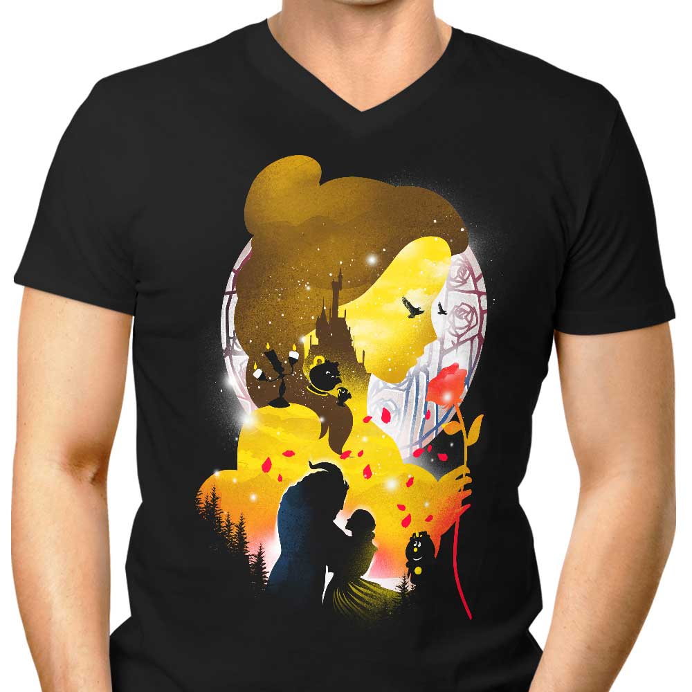 Men's V-Neck T-Shirt with Village Princess Silhouette Design