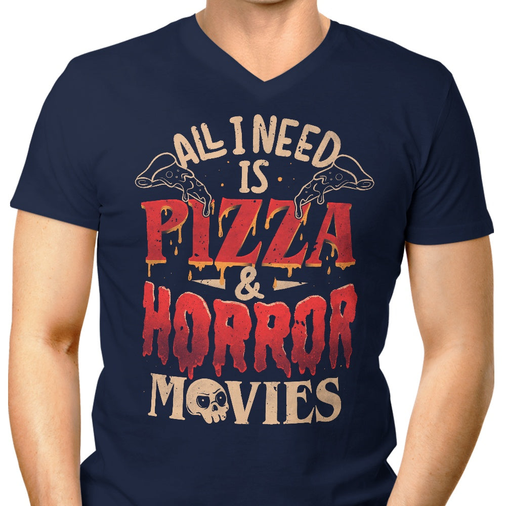 Men's Stylish V-Neck 'Pizza and Horror' T-Shirt