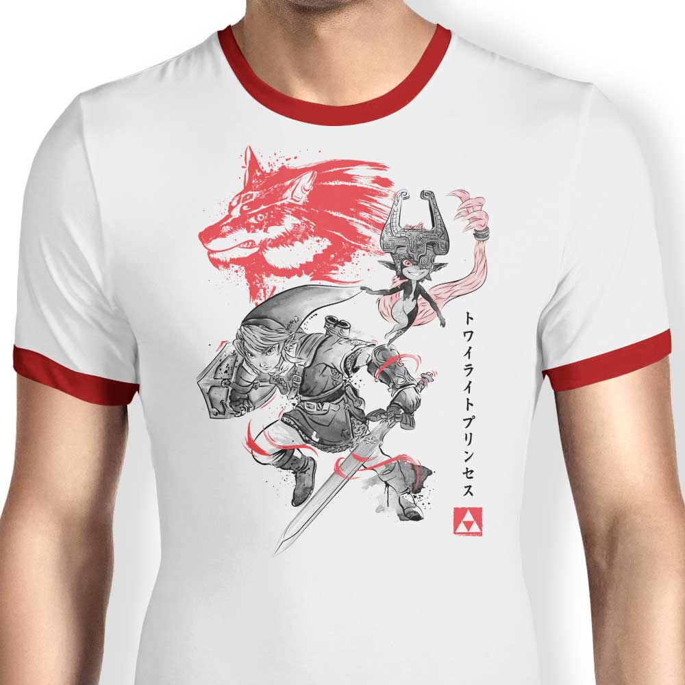 Dr. Monekers' Twilight Wolf Sumi-e Men's Cotton Ringer T-Shirt
