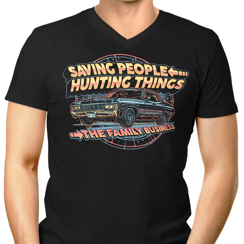 Men's V-Neck T-Shirt with 'Saving People, Hunting Things' Design