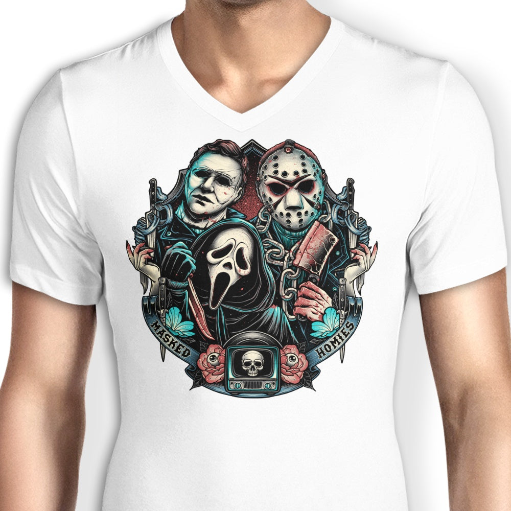 Glitchygorilla Men's Stylish V-Neck Masked Homies T-Shirt